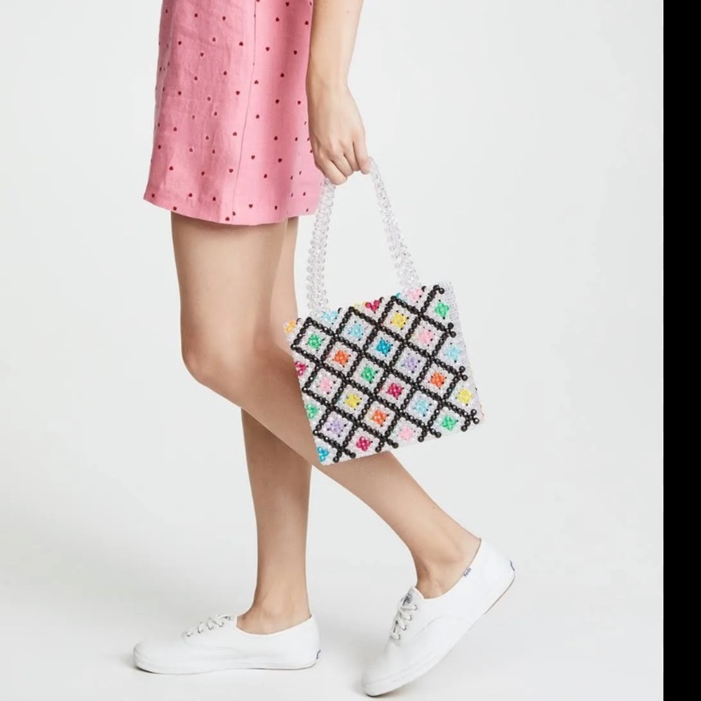 Susan Alexandra White Beaded Tote with Multi-Color Diamond Pattern